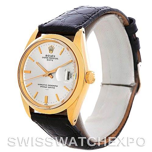 This image shows a Rolex Date 1503 Men's Yellow Gold Silver Dial 1503 Men's Yellow Gold Silver Dial model watch at a three-quarter angle, displaying its dial, bezel, crown, and leather strap.