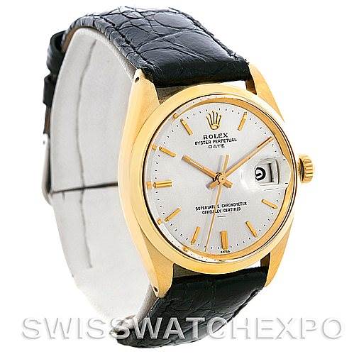 This image shows a front-left angle view of a Rolex Date 1503 Men's Yellow Gold Silver Dial 1503 Men's Yellow Gold Silver Dial model watch, featuring a gold bezel and a black leather strap.