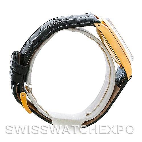 The image shows a Rolex Date 1503 Men's Yellow Gold Silver Dial 1503 Men's Yellow Gold Silver Dial model watch from a side angle, highlighting the leather strap and the side of the case.