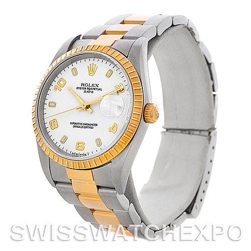 The image shows a Rolex Date 15223 Men's Steel and Gold (two tone) White Dial 15223 Men's Steel and Gold (two tone) White Dial watch from a slightly angled front view, displaying the dial, bezel, crown, and part of the bracelet.