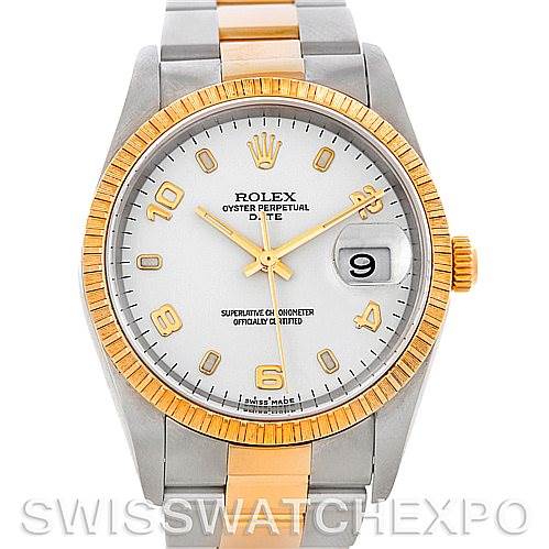 This image shows a front view of a Rolex Date 15223 Men's Steel and Gold (two tone) White Dial 15223 Men's Steel and Gold (two tone) White Dial model watch, highlighting its face, bezel, and part of the bracelet.