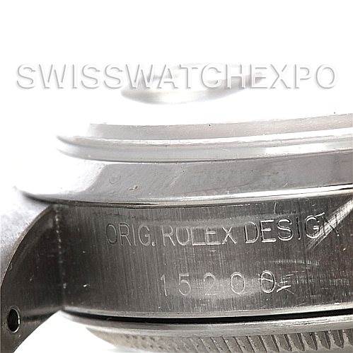 This image shows the side view of a Rolex Date 15200 Men's Stainless Steel Blue Dial 15200 Men's Stainless Steel Blue Dial model, focusing on the case with "ORIG. ROLEX DESIGN" and the model number engraved.