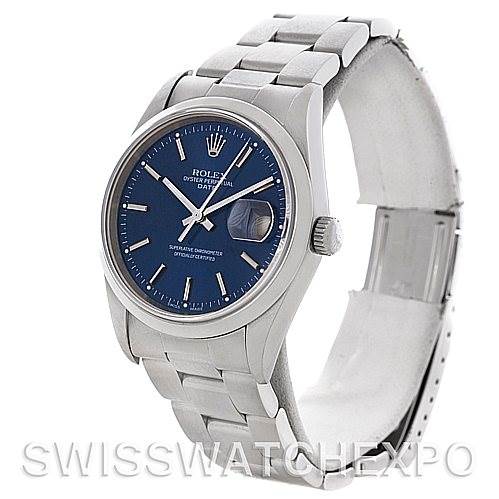 The Rolex Date 15200 Men's Stainless Steel Blue Dial 15200 Men's Stainless Steel Blue Dial model watch is shown at an angled side view, displaying the face, bezel, crown, and bracelet.