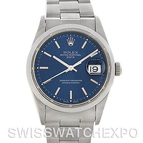 This image shows the front view of a Rolex Oyster Perpetual Date model watch featuring a blue dial and stainless steel bracelet.