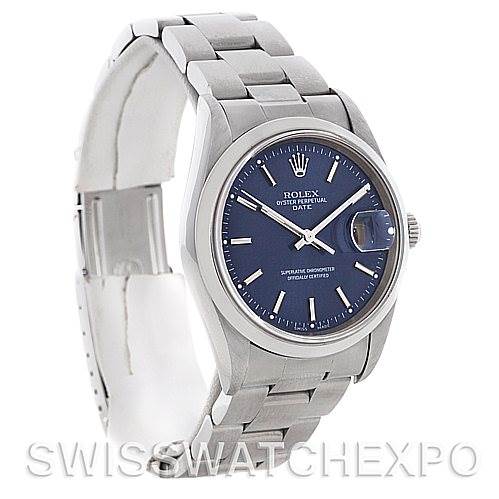 The image shows a Rolex Date 15200 Men's Stainless Steel Blue Dial 15200 Men's Stainless Steel Blue Dial model watch from an angled view, highlighting its face, bezel, bracelet, and crown.