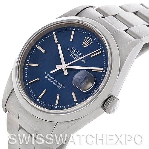 The image shows a Rolex Date 15200 Men's Stainless Steel Blue Dial 15200 Men's Stainless Steel Blue Dial watch from an angled perspective, highlighting its blue dial, date window, and stainless steel bracelet.