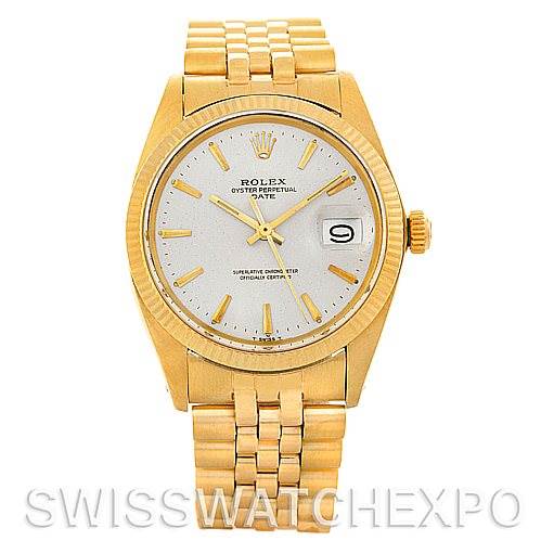 The image shows a front angle view of a Rolex Date 1503 Men's Yellow Gold Silver Dial 1503 Men's Yellow Gold Silver Dial model watch, displaying the face, bezel, crown, and bracelet.
