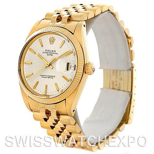 The image shows a Rolex Date 1503 Men's Yellow Gold Silver Dial 1503 Men's Yellow Gold Silver Dial model watch at a front side angle, highlighting the face, bezel, and part of the bracelet.