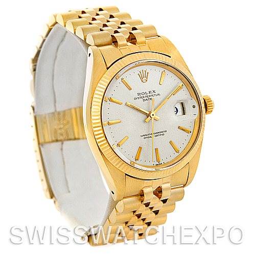 The image shows a Rolex Date 1503 Men's Yellow Gold Silver Dial 1503 Men's Yellow Gold Silver Dial model watch at an angled view, highlighting its gold case, bracelet, dial, and date window.