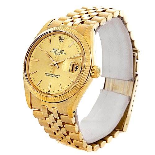 This image shows a three-quarter view of a Rolex Date 1503 Men's Yellow Gold Champagne Dial 1503 Men's Yellow Gold Champagne Dial model watch, highlighting its dial, bezel, crown, and bracelet.