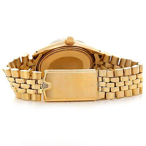 This image shows the back view of a Rolex Date 1503 Men's Yellow Gold Champagne Dial 1503 Men's Yellow Gold Champagne Dial model, highlighting the bracelet and clasp.