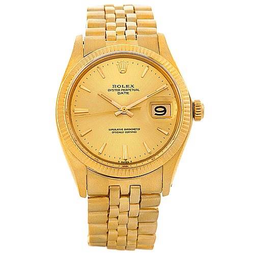 This image shows a frontal view of a gold Rolex Date 1503 Men's Yellow Gold Champagne Dial 1503 Men's Yellow Gold Champagne Dial watch with its dial, bezel, crown, and bracelet clearly visible.