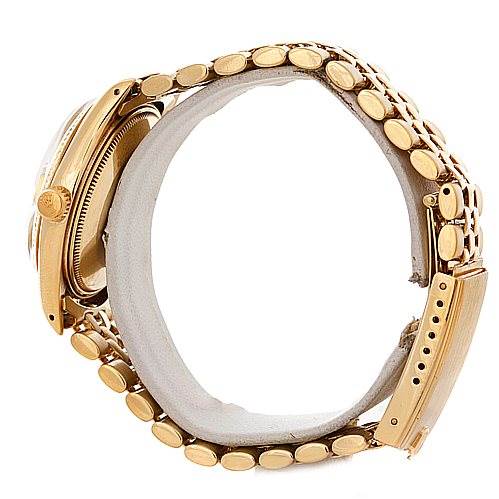 Side view of the Rolex Date 1503 Men's Yellow Gold Champagne Dial 1503 Men's Yellow Gold Champagne Dial model showing its gold case, bracelet, and part of the clasp.