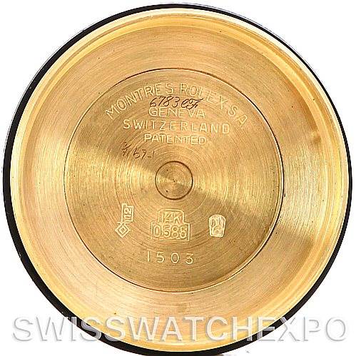 This image shows the interior case back of a Rolex Date 1503 Men's Yellow Gold Champagne Dial 1503 Men's Yellow Gold Champagne Dial model watch.