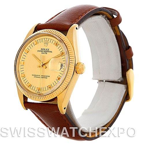 The image shows a Rolex Date 1503 Men's Yellow Gold Champagne Dial 1503 Men's Yellow Gold Champagne Dial model watch at an angle highlighting its gold case, dial, and brown leather strap.