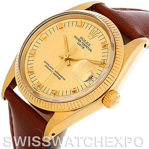 The image shows a side-angle view of a Rolex Date 1503 Men's Yellow Gold Champagne Dial 1503 Men's Yellow Gold Champagne Dial model watch, highlighting the dial, crown, and bezel.
