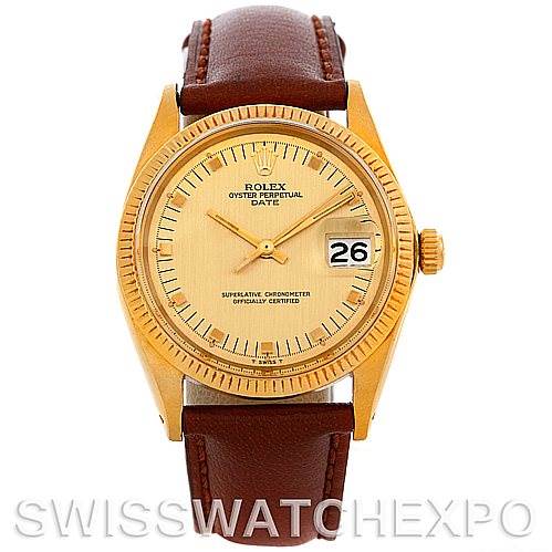 The image shows a front view of a Rolex Date 1503 Men's Yellow Gold Champagne Dial 1503 Men's Yellow Gold Champagne Dial model watch with a gold dial, bezel, and brown leather strap.