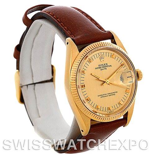 The image shows a Rolex Date 1503 Men's Yellow Gold Champagne Dial 1503 Men's Yellow Gold Champagne Dial model watch angled from the front-left, highlighting the dial, bezel, and leather strap.