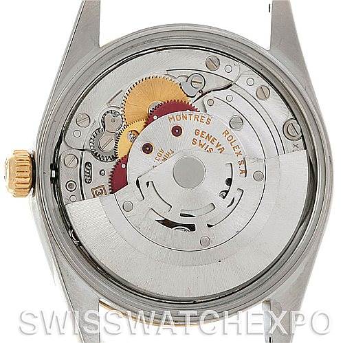 The image shows the exposed back of a Rolex Date 15203 Men's Steel and Gold (two tone) Black Dial 15203 Men's Steel and Gold (two tone) Black Dial model watch, revealing its movement and internal components.