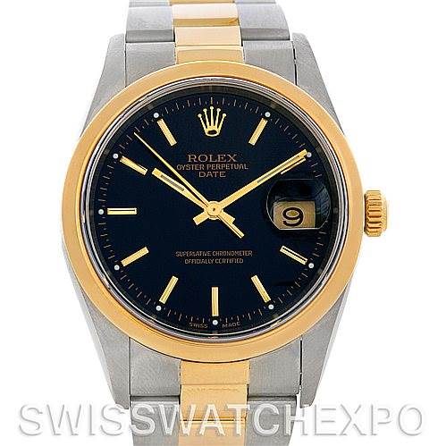 This front-facing image shows the Rolex Date 15203 Men's Steel and Gold (two tone) Black Dial 15203 Men's Steel and Gold (two tone) Black Dial model watch, displaying its dial, hands, and part of its bracelet.