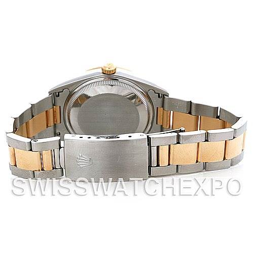 The image shows the back view of a Rolex Date 15203 Men's Steel and Gold (two tone) Black Dial 15203 Men's Steel and Gold (two tone) Black Dial model, displaying the case back and the two-tone bracelet clasp.