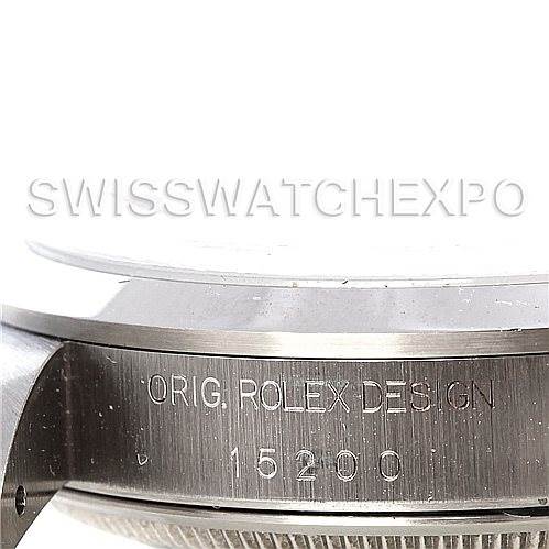 This image shows the side view of a Rolex Date 15200 Men's Stainless Steel Black Dial 15200 Men's Stainless Steel Black Dial model, focusing on the engraved "Orig Rolex Design 15200" on the watch case.