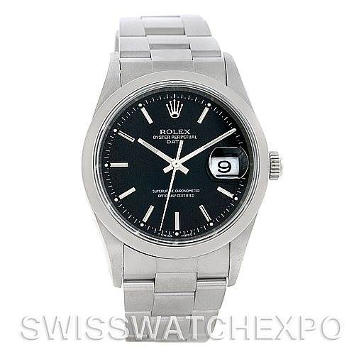 This image shows a Rolex Date 15200 Men's Stainless Steel Black Dial 15200 Men's Stainless Steel Black Dial model watch from a front angle, highlighting the dial, hands, date window, and bracelet.