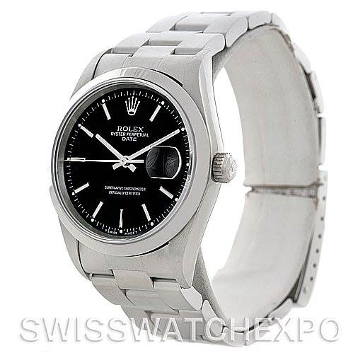 The image shows a Rolex Date 15200 Men's Stainless Steel Black Dial 15200 Men's Stainless Steel Black Dial model watch, featuring its face, bezel, crown, and part of the bracelet at a front and side angle.