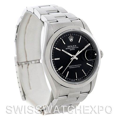 The Rolex Date 15200 Men's Stainless Steel Black Dial 15200 Men's Stainless Steel Black Dial model watch is shown from a front-side angle, displaying the dial, bracelet, and crown.