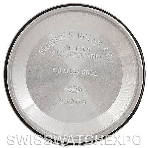 This image shows the inner case back of a Rolex Date 15200 Men's Stainless Steel Black Dial 15200 Men's Stainless Steel Black Dial model, displaying the brand, model number 15200, and material (stainless steel).