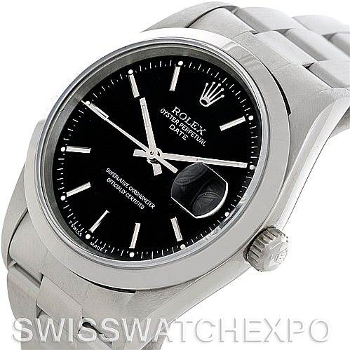 The Rolex Date 15200 Men's Stainless Steel Black Dial 15200 Men's Stainless Steel Black Dial model watch is shown from an angled top view, displaying the black dial, date window, and part of the metal bracelet.