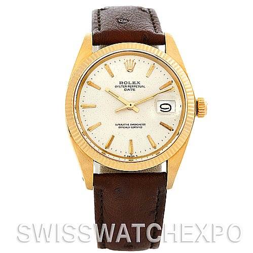 The image shows a front view of the Rolex Date 1503 Men's Yellow Gold Silver Dial 1503 Men's Yellow Gold Silver Dial model watch, highlighting the face, bezel, crown, and leather strap.