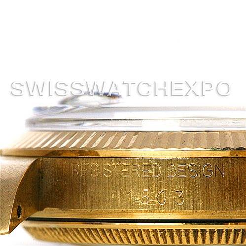 This image shows a side view of the case and bezel of the Rolex Date 1503 Men's Yellow Gold Silver Dial 1503 Men's Yellow Gold Silver Dial model, highlighting the engraving "REGISTERED DESIGN 1503".