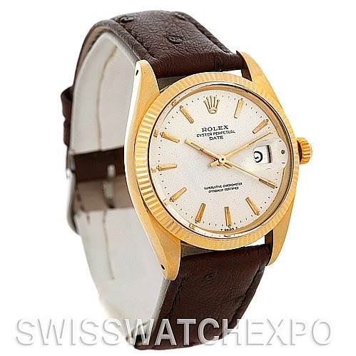 This image shows a Rolex Date 1503 Men's Yellow Gold Silver Dial 1503 Men's Yellow Gold Silver Dial model watch angled slightly from the front, highlighting the dial, bezel, and leather strap.