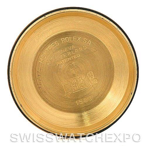 This image shows the interior of the case back of a Rolex Date 1503 Men's Yellow Gold Silver Dial 1503 Men's Yellow Gold Silver Dial model watch, highlighting its engraved details.