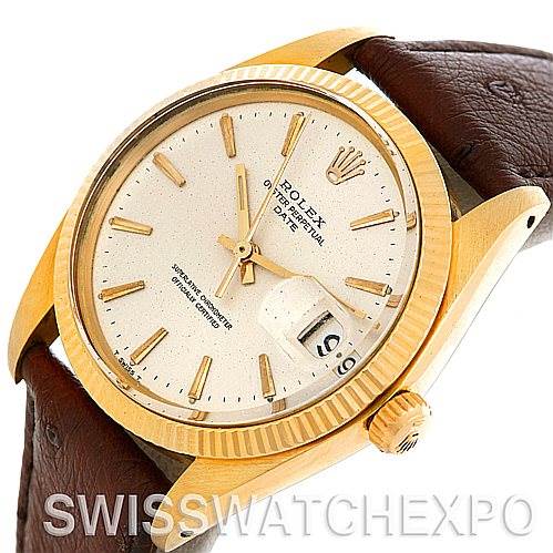 This image shows a Rolex Date 1503 Men's Yellow Gold Silver Dial 1503 Men's Yellow Gold Silver Dial model watch at an angled view, highlighting the dial, casing, crown, and leather strap.