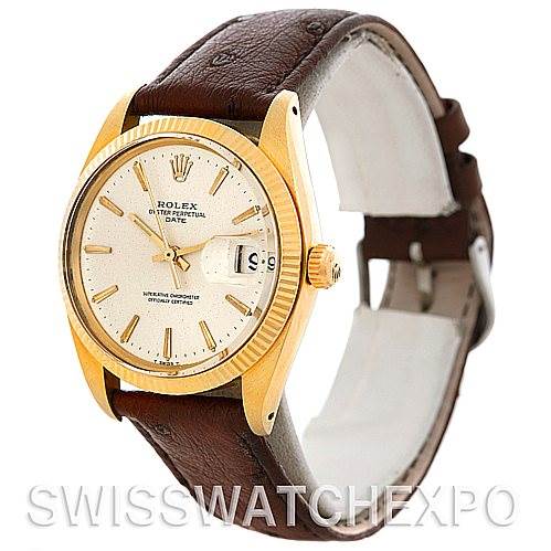 The image shows a Rolex Date 1503 Men's Yellow Gold Silver Dial 1503 Men's Yellow Gold Silver Dial model watch at an oblique angle, highlighting the face, bezel, crown, and leather strap.