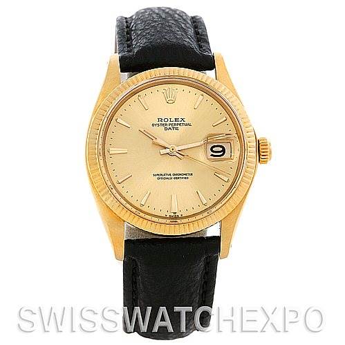 This Rolex Date 1503 Men's Yellow Gold Champagne Dial 1503 Men's Yellow Gold Champagne Dial model watch is shown from a front angle, displaying its face, bezel, and leather strap.