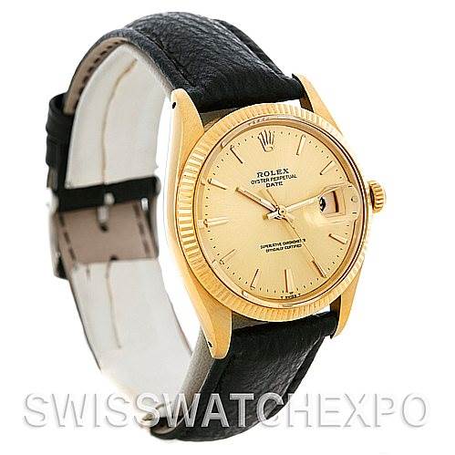The image shows a Rolex Date 1503 Men's Yellow Gold Champagne Dial 1503 Men's Yellow Gold Champagne Dial model watch at a three-quarter angle, highlighting its face, bezel, and leather strap.