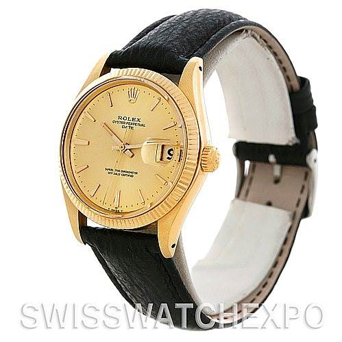 The image shows a Rolex Date 1503 Men's Yellow Gold Champagne Dial 1503 Men's Yellow Gold Champagne Dial model watch at an angle displaying its dial, bezel, case, crown, and leather strap.