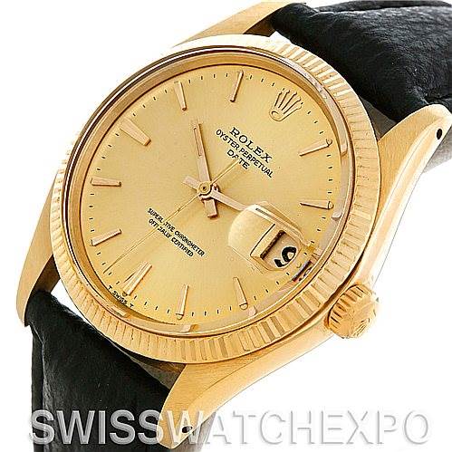 The image shows a gold Rolex Date 1503 Men's Yellow Gold Champagne Dial 1503 Men's Yellow Gold Champagne Dial model watch at an angle showcasing the face, bezel, lugs, crown, and part of the leather strap.