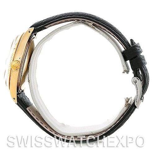 The image shows a side view of the Rolex Date 1503 Men's Yellow Gold Champagne Dial 1503 Men's Yellow Gold Champagne Dial model watch, highlighting its case and black leather strap.