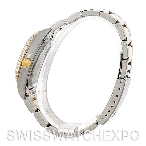 The image shows a side view of a Rolex Date 15223 Men's Steel and Gold (two tone) Champagne Dial 15223 Men's Steel and Gold (two tone) Champagne Dial model watch, focusing on the crown and bracelet.