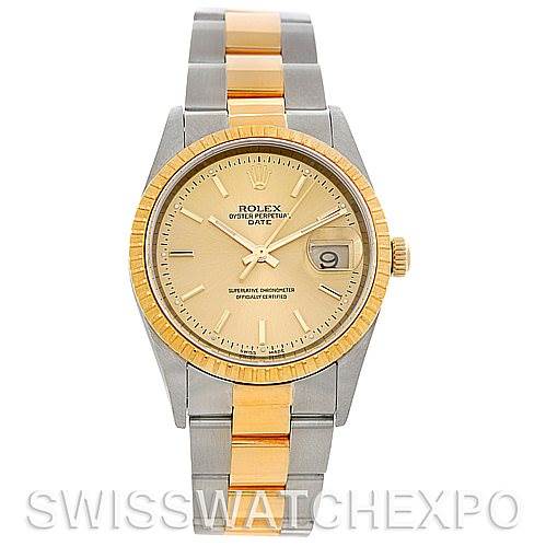 This Rolex Date 15223 Men's Steel and Gold (two tone) Champagne Dial 15223 Men's Steel and Gold (two tone) Champagne Dial model watch is shown from a front angle, displaying its dial, bezel, and two-tone bracelet.