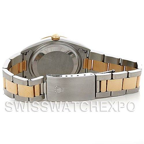 The image shows the back of a Rolex Date 15223 Men's Steel and Gold (two tone) Champagne Dial 15223 Men's Steel and Gold (two tone) Champagne Dial model watch, focusing on the case back and two-tone bracelet.