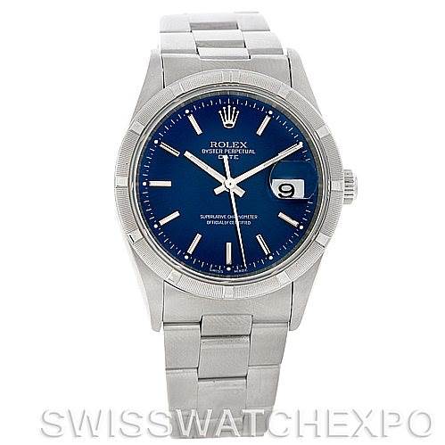 This image shows a front view of a Rolex Date 15210 Men's Stainless Steel Blue Dial 15210 Men's Stainless Steel Blue Dial model watch with a blue dial and a stainless steel bracelet.