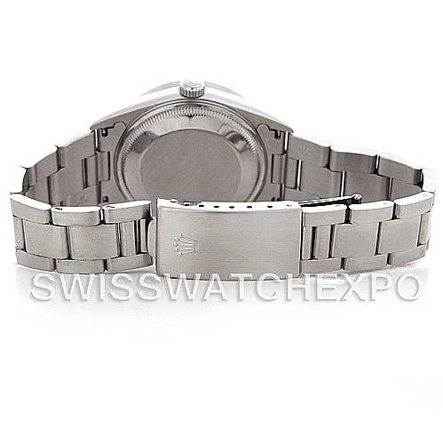 This image shows the back case and clasp of a Rolex Date 15210 Men's Stainless Steel Blue Dial 15210 Men's Stainless Steel Blue Dial model watch from a rear angle.