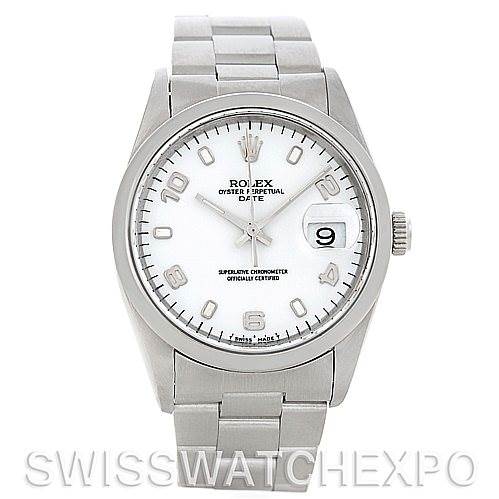 The image shows a frontal view of the Rolex Date 15200 Men's Stainless Steel White Dial 15200 Men's Stainless Steel White Dial model watch, highlighting the dial, bracelet, and date window.