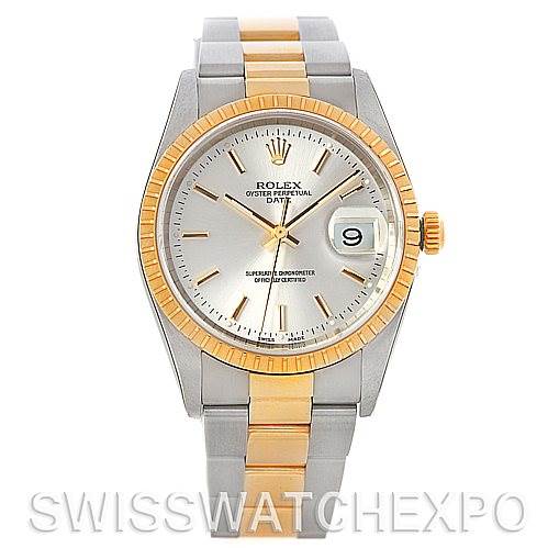 This image shows a front view of a Rolex Date 15223 Men's Steel and Gold (two tone) Silver Dial 15223 Men's Steel and Gold (two tone) Silver Dial model watch, highlighting the face, bezel, crown, and bracelet.