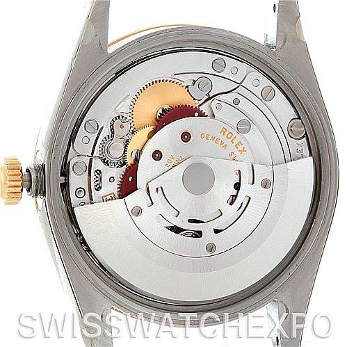 The image shows the internal mechanical movement of a Rolex Date 15223 Men's Steel and Gold (two tone) Silver Dial 15223 Men's Steel and Gold (two tone) Silver Dial model watch from a rear angle.